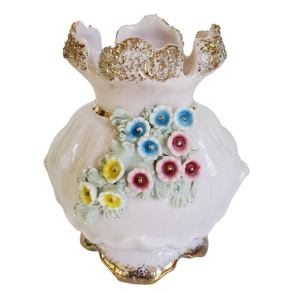 Vintage Lefton L'amour Applied Flowers Pink Vase Porcelain Gold Stippled Edges - Picture 1 of 8